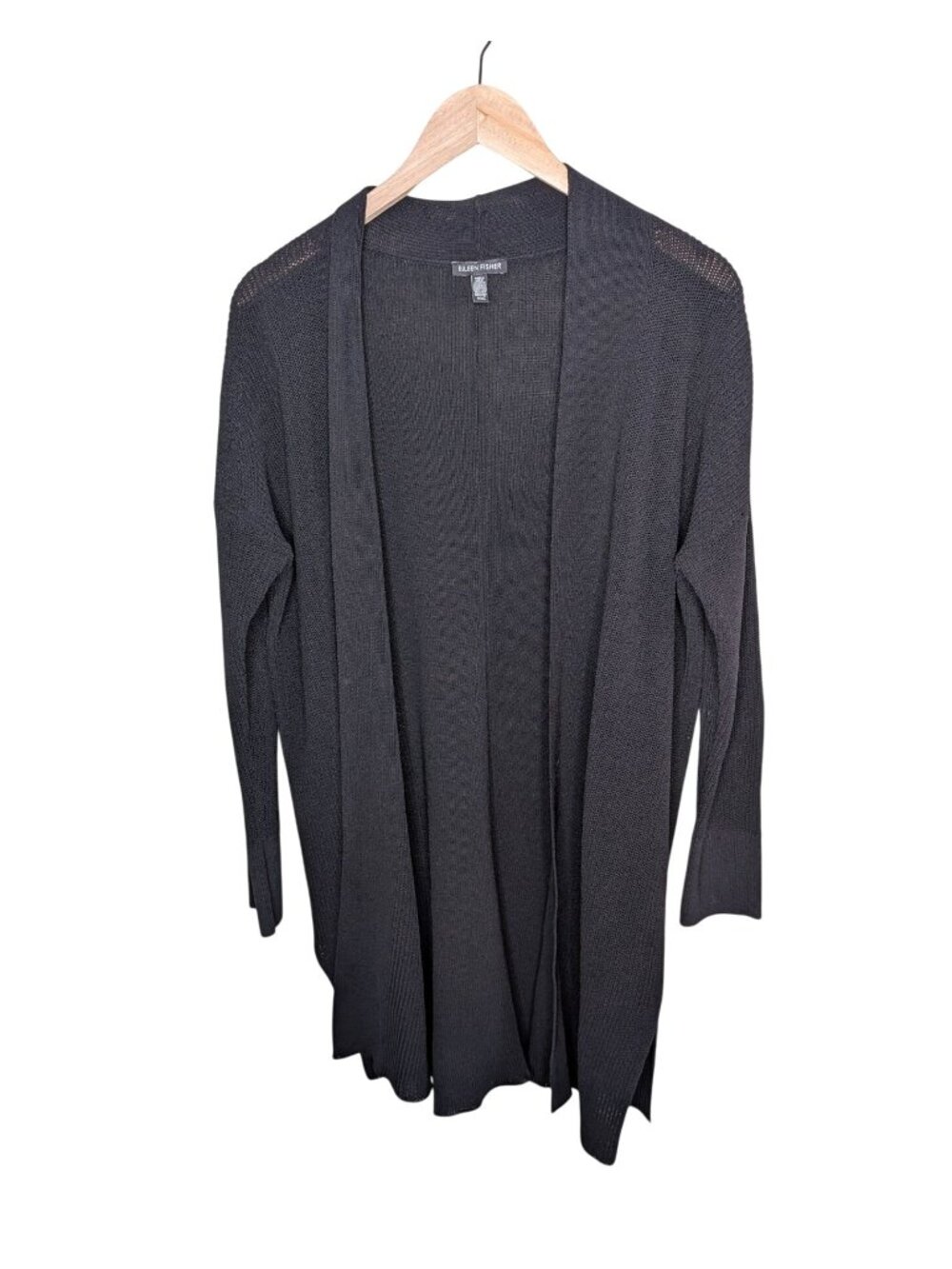 Eileen Fisher Black Open Front Knit Cardigan Size Medium Organic Cotton Blend